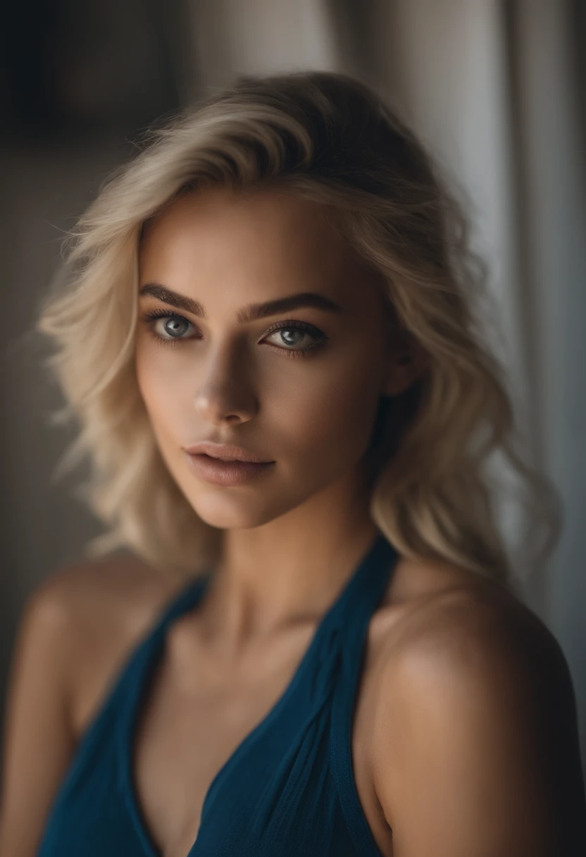 Front photo of a 25-year-old European woman, pointing at camera, cheveux blonds, serious, (amazing skin detail: 1.4), (peau naturelle: 1.2), (Pores: 0.6), Makeup, (Detailed light blue eyes: 1.2), fond noir, studio, Light border, dark atmosphere, (Bokeh: 1.2), photographie, cinematic, photoreallistic, ultrarealistic, fille en forme, tenue moulante, Silhouette parfaite, (gros sein)