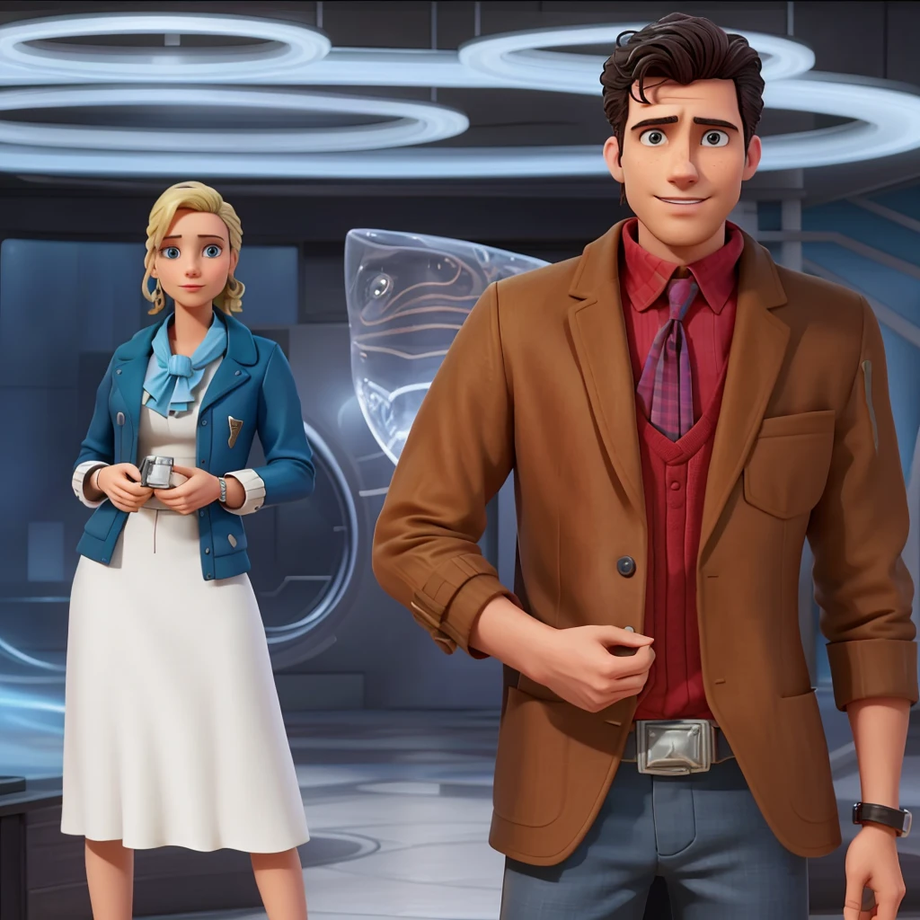 arafed image of a man and woman standing in front of a building, inspired by Nelson Alexander Ross, westworld style, skinny male fantasy scientist, handsome man, elite scientist, style arcane tv series, time travel theme, style of arcane tv series, inspired by Milton Menasco, inspired by Nicholas Marsicano, inspired by Derek Chittock