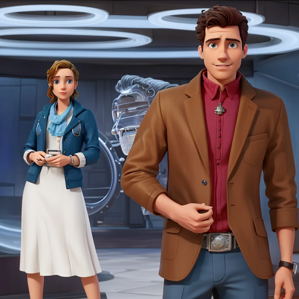 arafed image of a man and woman standing in front of a building, inspired by Nelson Alexander Ross, westworld style, skinny male fantasy scientist, handsome man, elite scientist, style arcane tv series, time travel theme, style of arcane tv series, inspired by Milton Menasco, inspired by Nicholas Marsicano, inspired by Derek Chittock