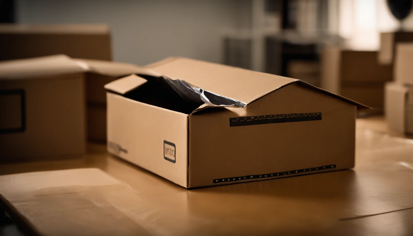 A high-resolution image of a cardboard box being sealed with packaging tape, with the tape dispenser in action, showcasing the process and precision involved in securing shipments, creating a visually professional and efficient scene.