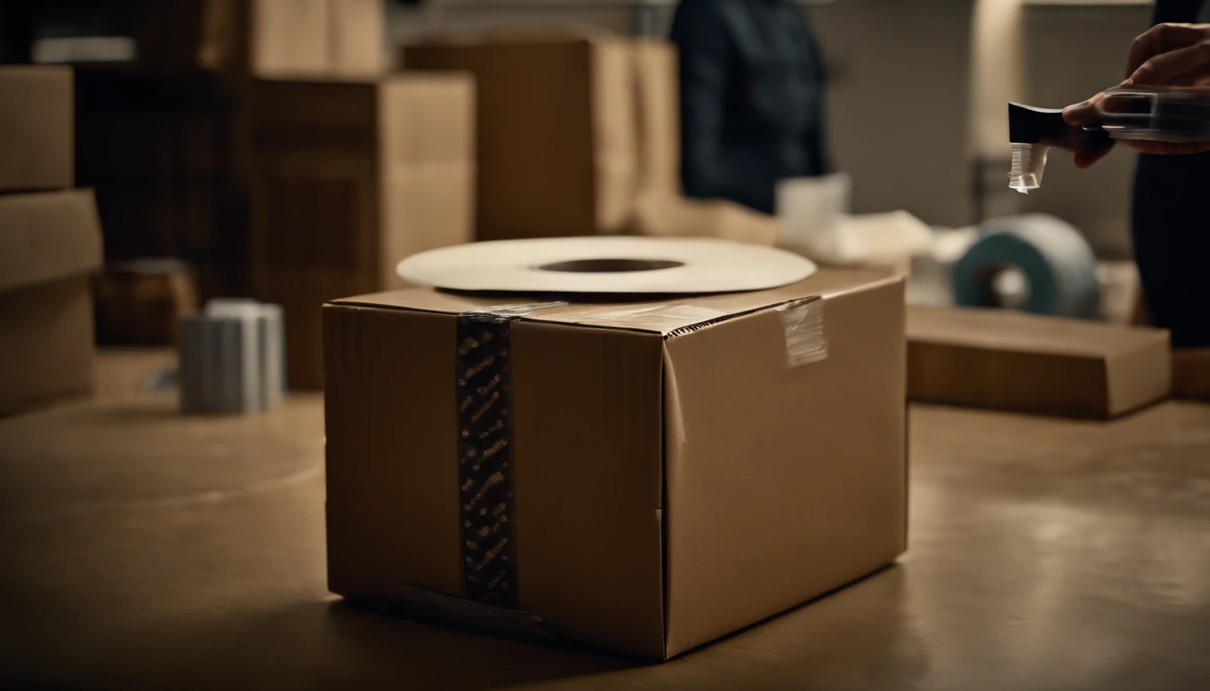 A high-resolution image of a cardboard box being sealed with packaging tape, with the tape dispenser in action, showcasing the process and precision involved in securing shipments, creating a visually professional and efficient scene.