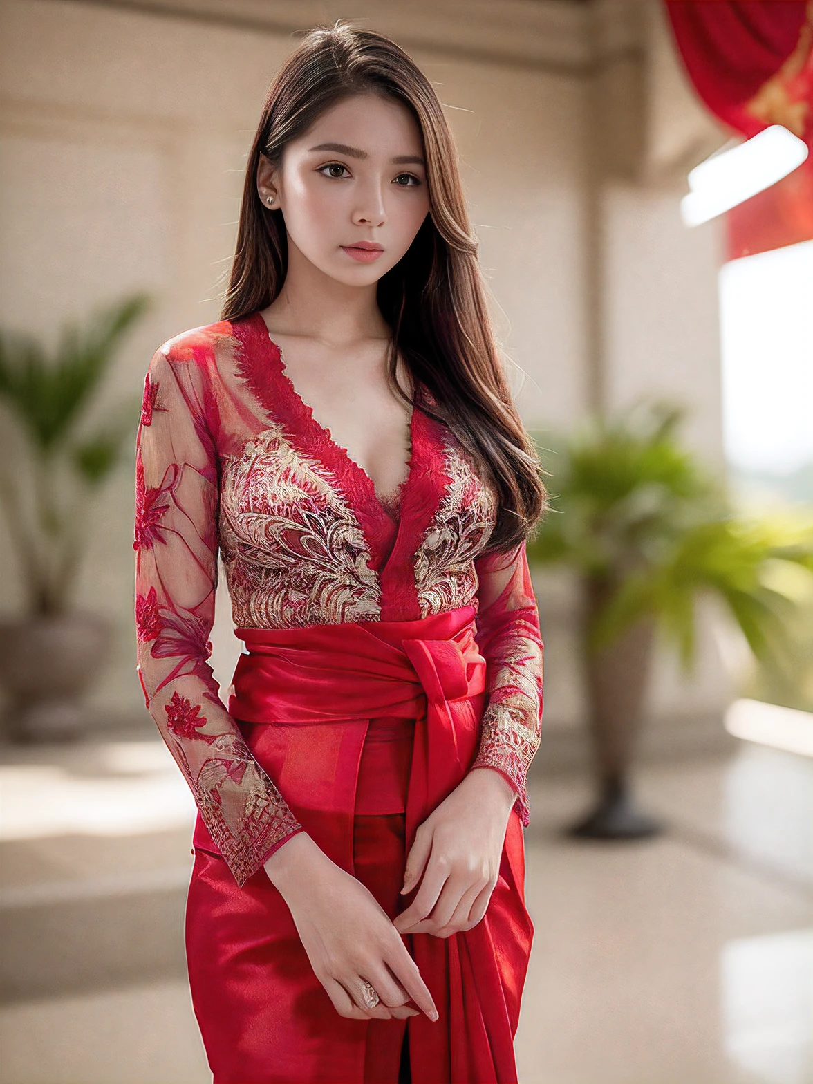 (((a girl (stand:1.4) (alone:1.4)))),((full-body:1.6, cinematic-shot)),(best quality,4k,8k,highres,masterpiece:1.2),ultra-detailed,(realistic,photorealistic,photo-realistic:1.37),(beautiful and aesthetic:1.2),vibrant color,(film grain:1.3). 

(1girl),(solo),((1 person)),(17years-old),[Raiana-Elizabeth-Dilla],pearl skin,(skin pores:1.1),beautiful detailed eyes,beautiful detailed lips,extremely detailed eyes,longeyelashes,extremely detailed face and skin texture,(skin texture:1.1),glamour make-up,dark-black hair,tall and slender body,(192cm tall),thin and delicate figure,graceful posture,flawless skin,defined abs,perfect curves,feminine appearance,beautiful legs,embodying elegance and beauty,(cleavage breasts,large breasts:1.4),((wearing a sexy (red ultra-short batik minidress:1.4))),extremely detailed and realistic (red) clothes,(shiny skin),((sharp focus:1.5)),(earringeathers:1.5). 

Official art,extremely detailed,(abstract dark background:1.4),joyful expression,happy smile,Indonesian traditional atmosphere,Angelic ethereal beauty,award-winning photography,studio photography,professional photography,depth-of-field,bokeh.