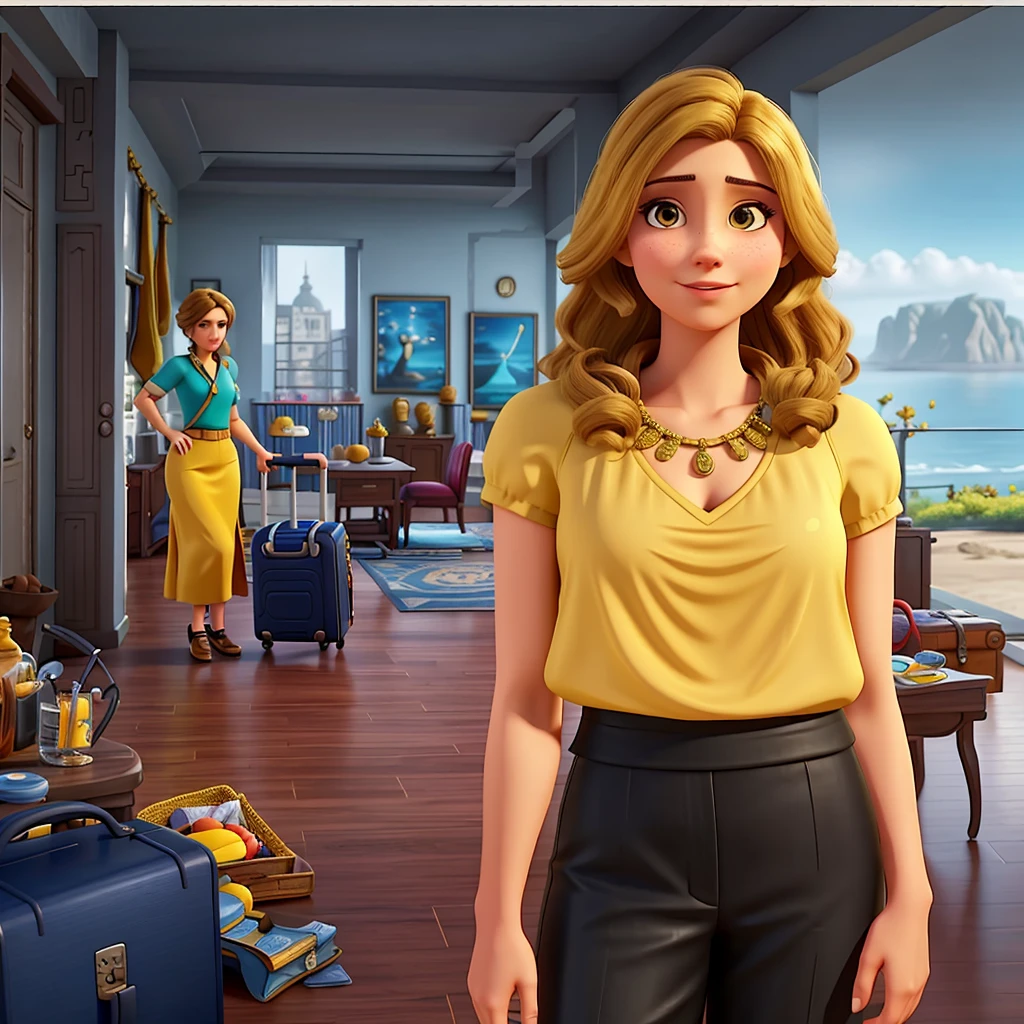 arafed woman in a yellow top standing in a room with a table and a suitcase, pc screenshot, fashion gameplay screenshot, video game screenshot>, screenshot from the game, inspired by May de Montravel Edwardes, realistic scene, beautiful screenshot, realistic art deco, detailed scene, official screenshot, close scene, screenshot from game, in the background