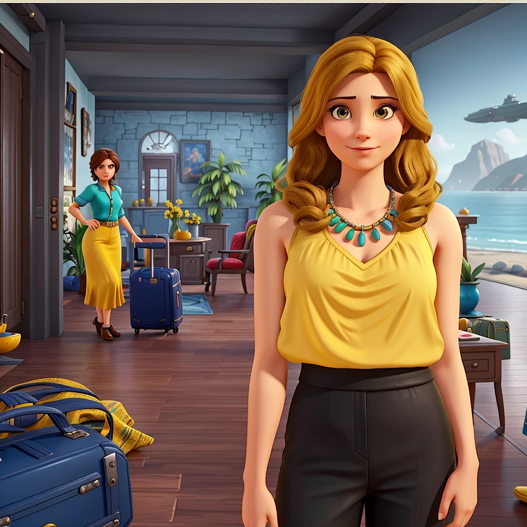 arafed woman in a yellow top standing in a room with a table and a suitcase, pc screenshot, fashion gameplay screenshot, video game screenshot>, screenshot from the game, inspired by May de Montravel Edwardes, realistic scene, beautiful screenshot, realistic art deco, detailed scene, official screenshot, close scene, screenshot from game, in the background