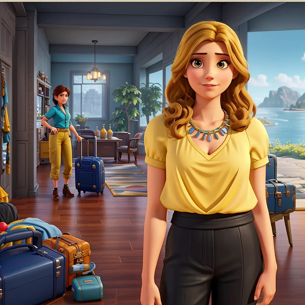arafed woman in a yellow top standing in a room with a table and a suitcase, pc screenshot, fashion gameplay screenshot, video game screenshot>, screenshot from the game, inspired by May de Montravel Edwardes, realistic scene, beautiful screenshot, realistic art deco, detailed scene, official screenshot, close scene, screenshot from game, in the background