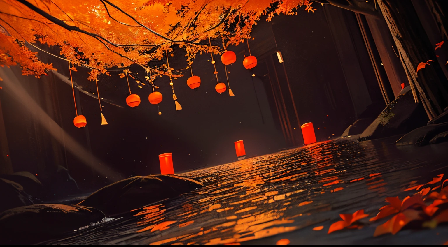 A long pitch black dark cavern with dark ankle high water - only illuminated by red paper lanterns floating in water, autumn trees on either side of the tunnel with orange leaves, ((surrounded by complete darkness)), red paper chinese lanterns floating in the water.
