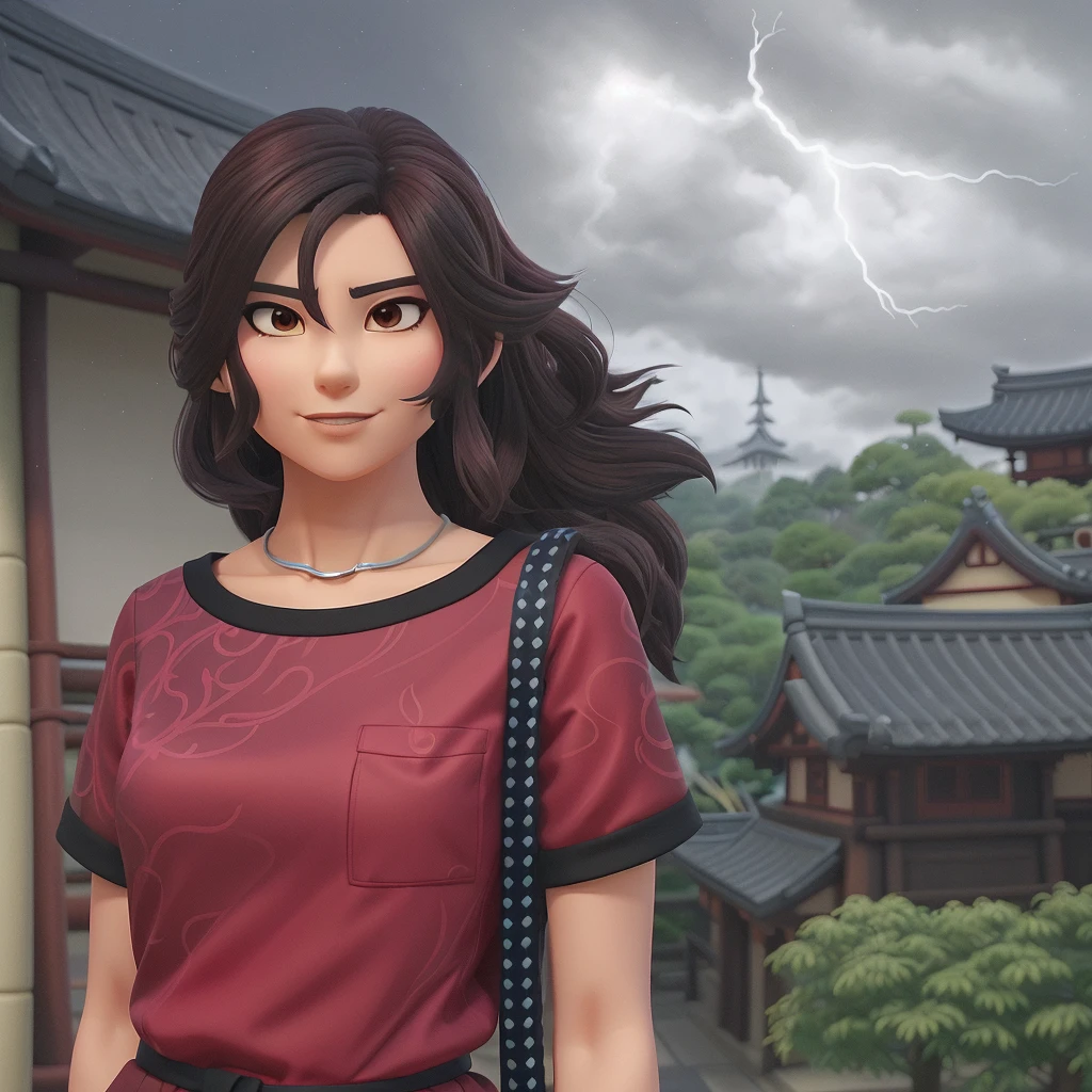 cartoon woman in red shirt standing in front of a building with a sky background, stylized urban fantasy artwork, japanese lightning goddess, inspired by Torii Kiyomitsu, inspired by Chizuko Yoshida, inspired by Torii Kiyomasu, inspired by Itō Shinsui, inspired by Lü Ji, inspired by Taiyō Matsumoto