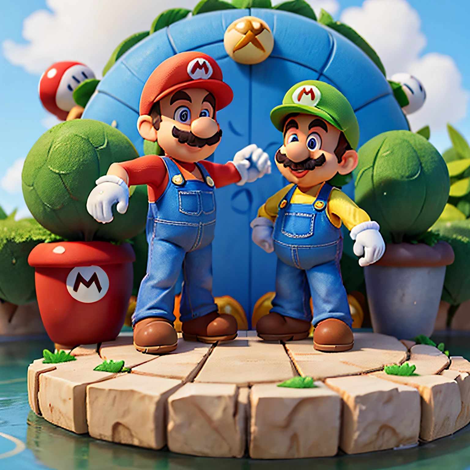 Super Mario Bros scenario, Mario e Luigi, estilo Disney_pixar, 3D, 4k