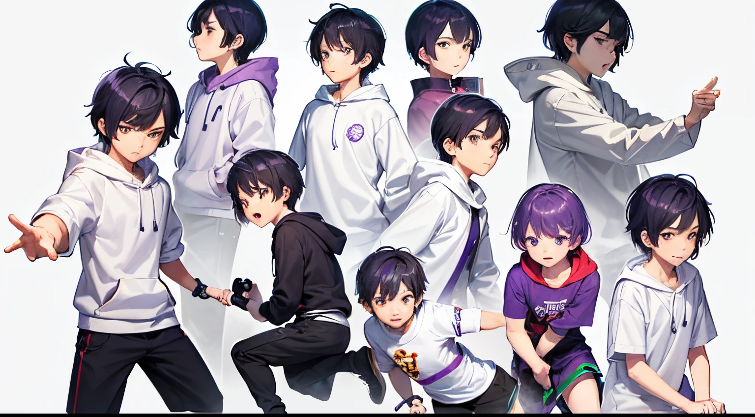 Chatacter design. 11-year-old Chinese boy, wearing white hoodie, purple shorty, very short hair, innocent face. standard front stance::2 , full body. Chinese ink painting style, Simplicity, clean lines, bold outlines, bright colors, white background