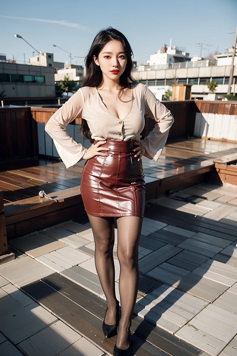 short sword,wavy and long hair,Tight long sleeves,longer sleeves,skirt that wraps around the hips,,heavy makeups,Redlip,white skinned,mature, being thin,very Bigger breasts,legs long,The whole body can be seen,Ultra-thin flesh-colored pantyhose,On the roof