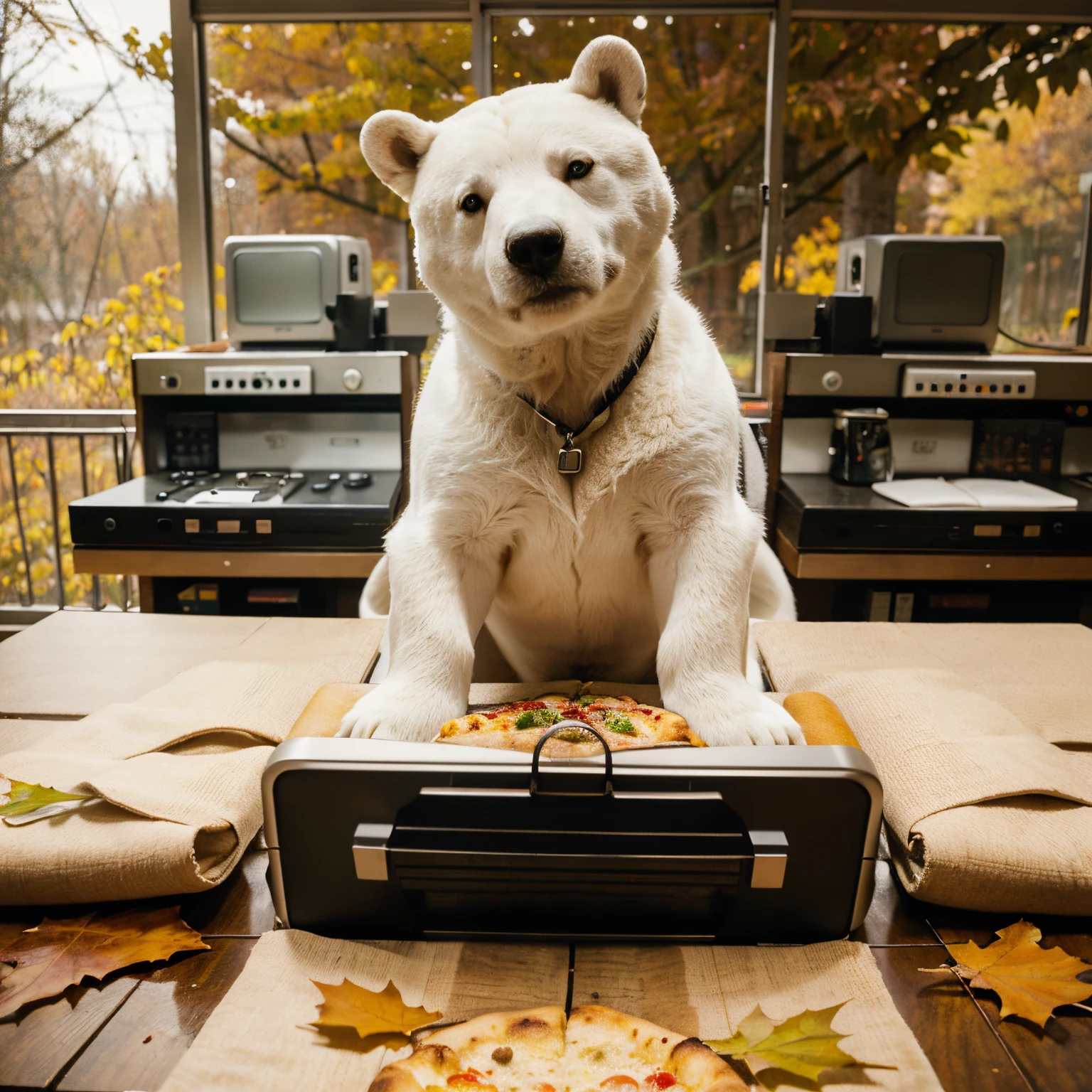 White bear sitting on a table computer laptop, autumn wallpaper on a monitor, mashroom pizza on a table, kodak porta, cinematic photo