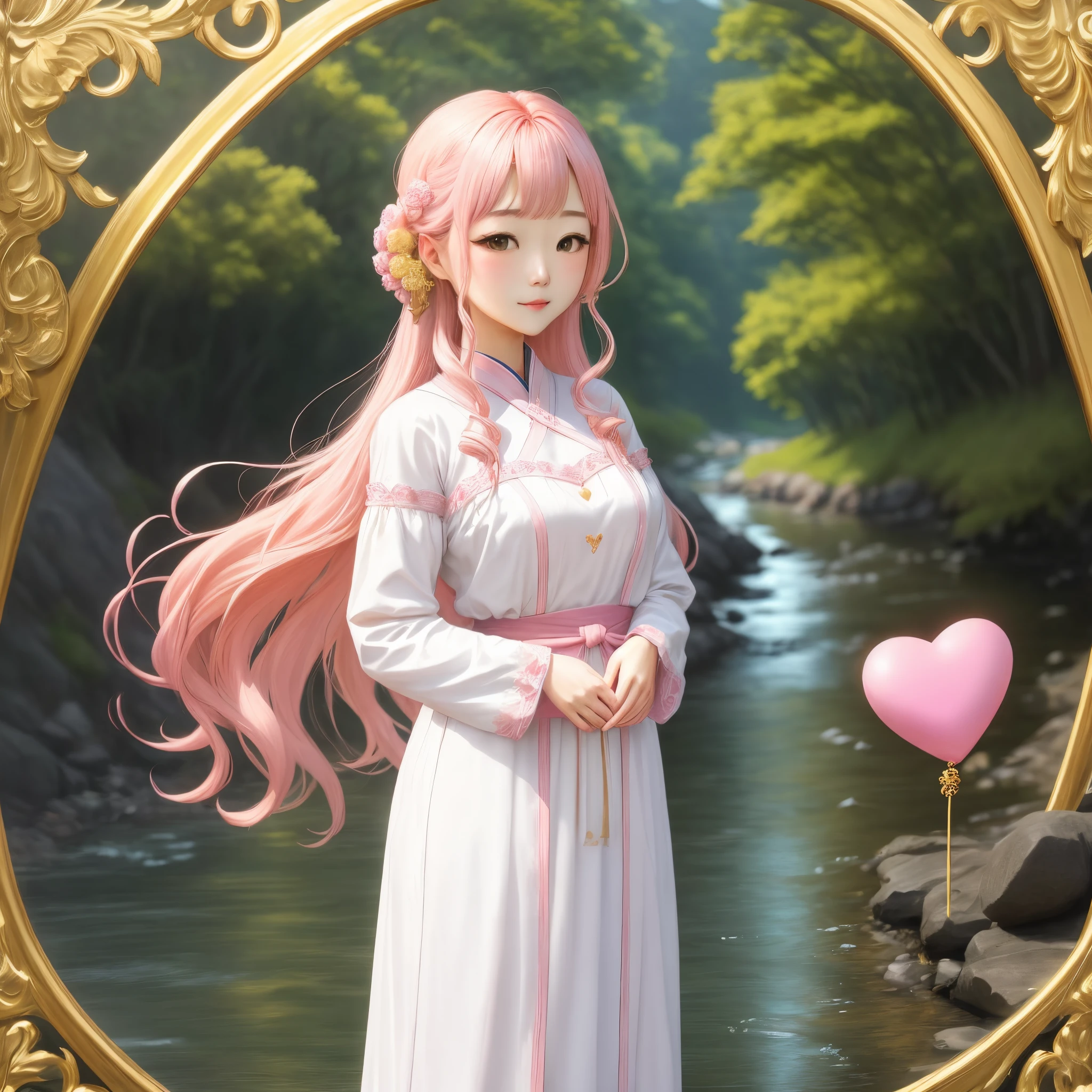 Gold background、a river、goddes、A pink-haired、heart、White attire