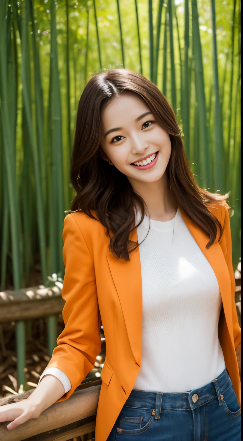 On a vibrant autumn afternoon,Figure 1 is from the highest quality 8K masterpiece.3,Shows a 19 year old girl。She is wearing an orange blazer and skinny jeans,Sitting quietly in the bamboo forest。Sunlight shines through mottled bamboo leaves,A layer of soft light and shadow enveloped her body。Her skin looks fairer in the sun,Contrast with orange blazer。 from this angle,we can see the girl'of the whole body。She is slim and healthy,This sportswear suits her figure very well,show her energetic image。Her legs spread naturally,Cross your hands at your waist,appear confident and powerful。 That girl'The eyes are bright and determined,smiling and looking into the camera,It seems to be telling a story about struggle and hard work.。Her smile is like the autumn sunshine shining in the bamboo forest,Make people feel the vitality of youth and vitality of life。in this picture,We seem to feel her inner determination and love for life。 Surrounded by dense bamboo forest,Abundant greenery,The river is gurgling,Create dynamic scenes with girls。This scene is like a passionate poem,Telling about the beautiful time in autumn afternoon。