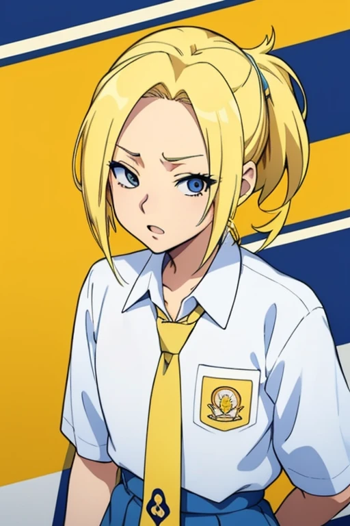 Masterpiece, best quality, ino yamanaka, yellow  hair, anime style, animation style, wearing indonesian high school uniform, blue necktie, white shirt