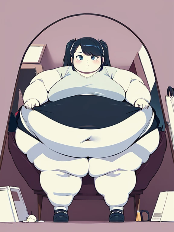 ((Masterpiece)),4K, Obese Girl, big cheeks, Flat design, flat color, Adobe Illustrator, solid color, deformed design, 1 girl and broken mirror, big empty eyes, asymmetrical hairstyle, asymmetrical hair color, fractal.