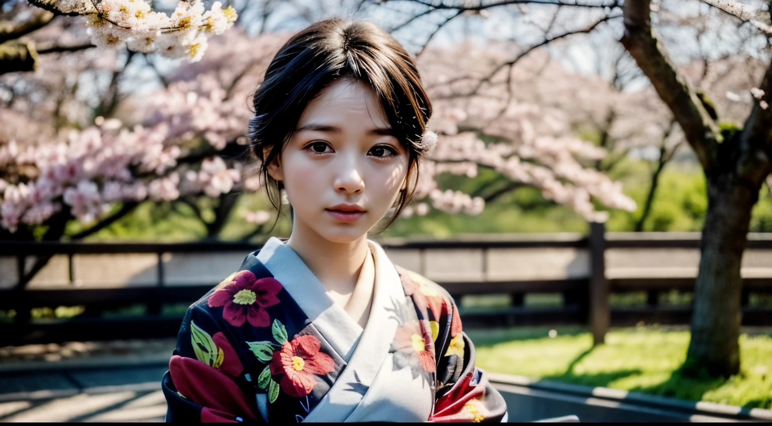 TamayoKNY, upper body, detailed face, detailed eyes,  looking at viewer, outdoors, cherry blossom, 1girl, japanese clothes, kimono, hair ornament, obi, sash, floral print, black hair, wide sleeves