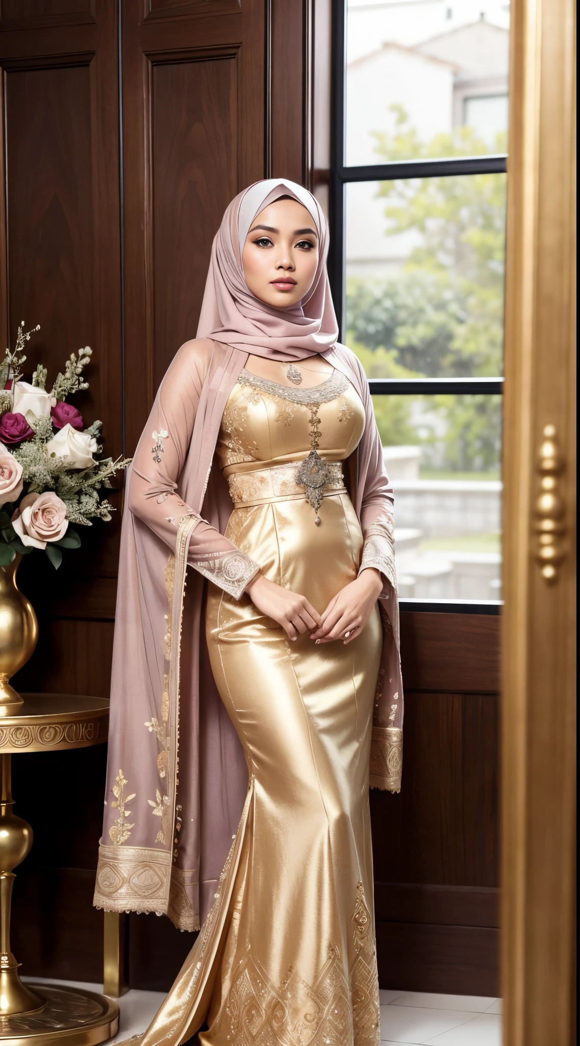 RAW, Best quality, high resolution, masterpiece: 1.3), beautiful Malay woman in hijab (iu:0.8)1beautiful  Malay woman in hijab ,big breast,soft smile, there is a woman standing next to a vase with flowers, wearing an ornate outfit, wearing an elegant tribal outfit, full body picture, intricate outfit, full body photogenic shot, portrait full body, white hijab, wearing beautiful clothes, highly aesthetic, zenra taliyah, traditional beauty, wearing an elegant outfit, with lovely look, traditional kebaya javanese dress, traditional clothes