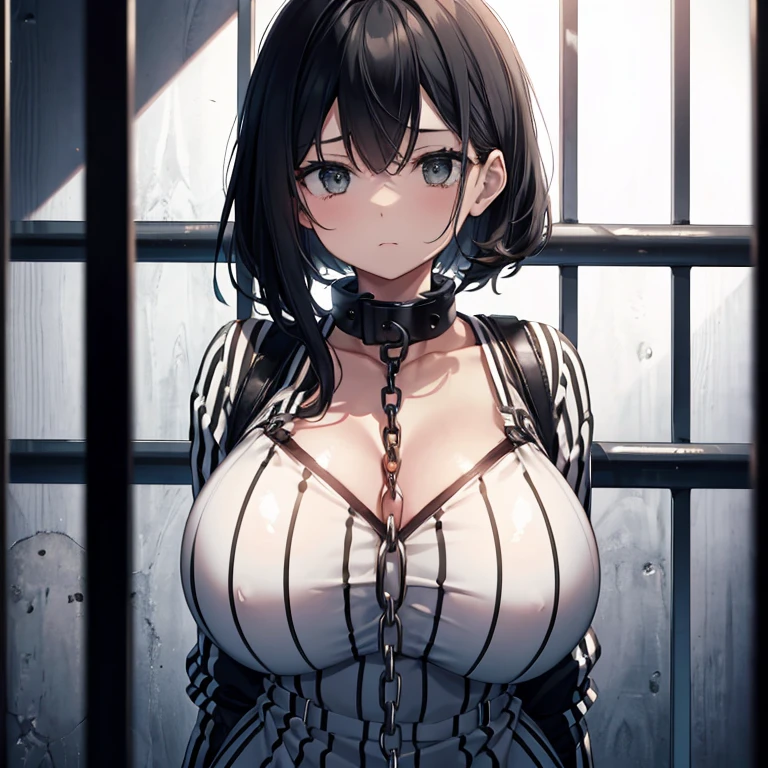 Mugshot, looking at viewer, behind bars, huge breast, prisoner, striped Prison jumpsuit, black & white stripes, handcuffs, chained, restrainged, shackles, dominated, stripes white & black, jail cell, locked up