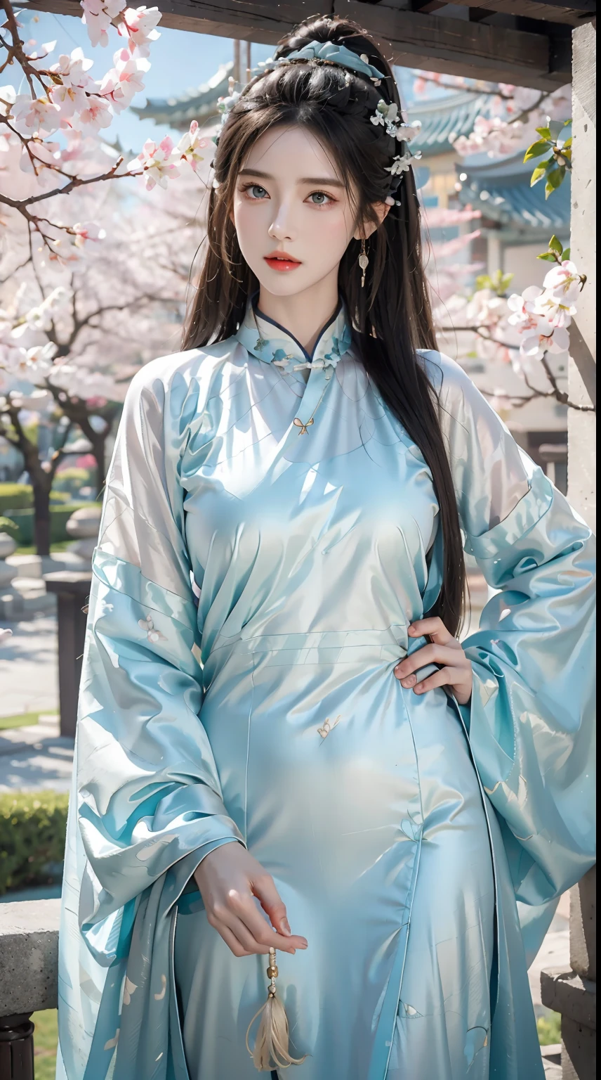 photorealistic, high resolution, 1women, shining skin, solo, jewelry, pink lips, long hair, blue eyes, closed mouth, hips up, hanfu, cherry blossoms