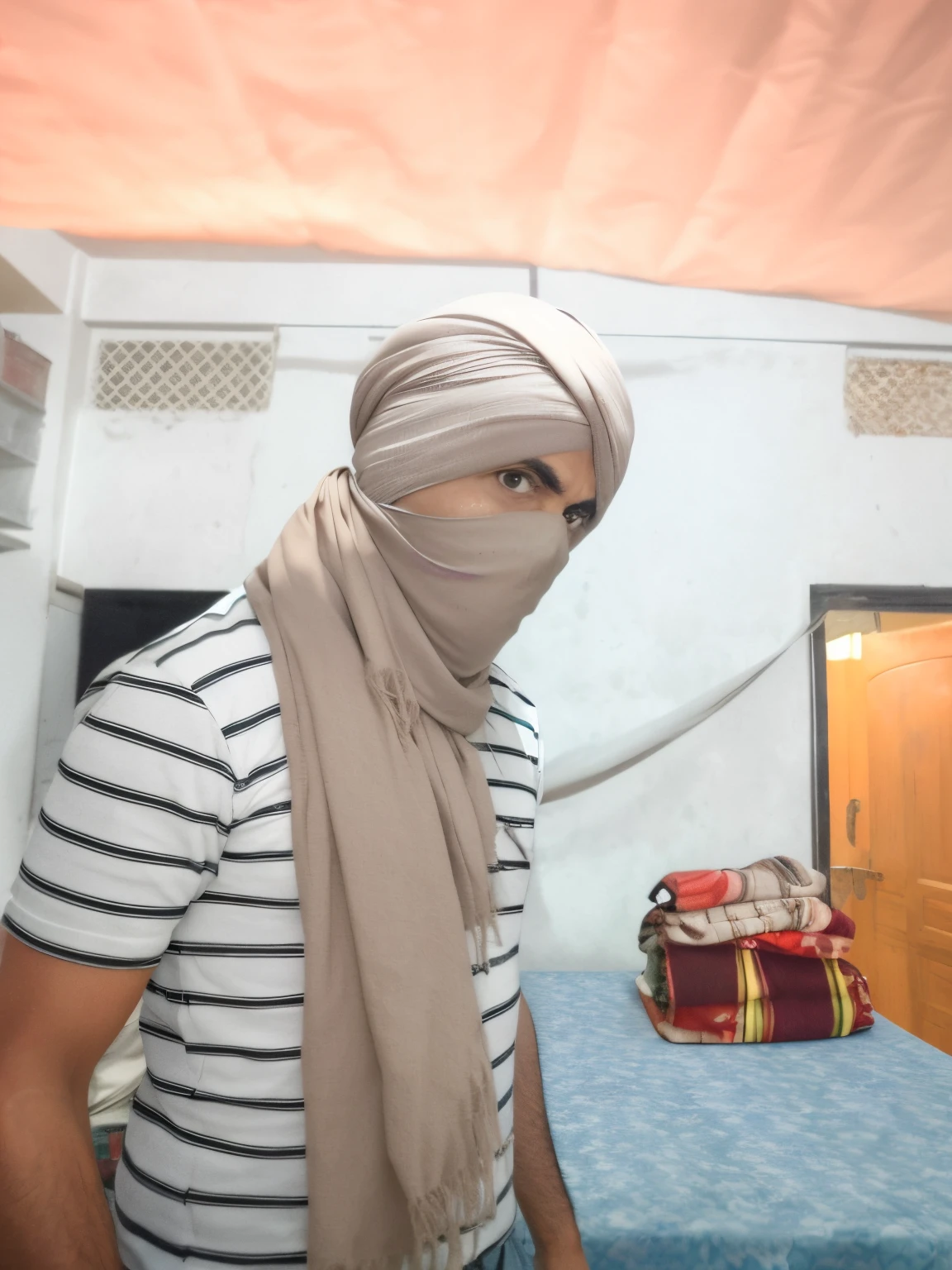 arafed man in a striped shirt and scarf standing in a room, wearing a turban, without helmet, fully covered in drapes, turban, very very low quality picture, wearing bandit mask, with accurate face, wearing dirty travelling clothes, captured with sony a3 camera, during sandstorm, with a covered face, taken with the best dlsr camera