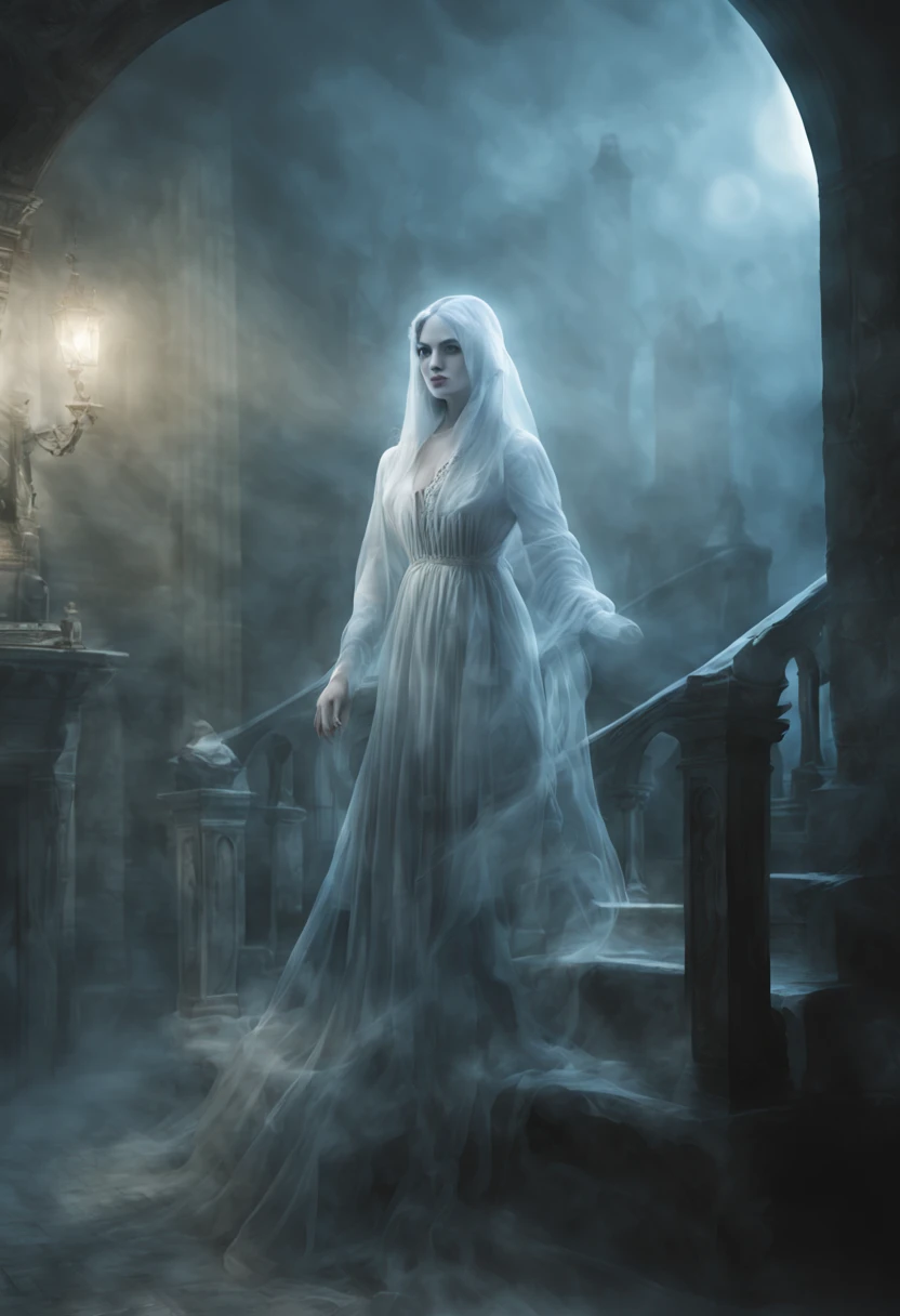 (((Ghost of a Girl ))) , Transparent ,Air, standing in the castle hall, moon light ,Mysterious atmosphere, Phantom Lights,Magic in the air,fairytale setting,Unearthly beauty,Magic in the air,Serene and peaceful atmosphere,A hint of fog in the distance,Fabulous quality,endless photorealistic details