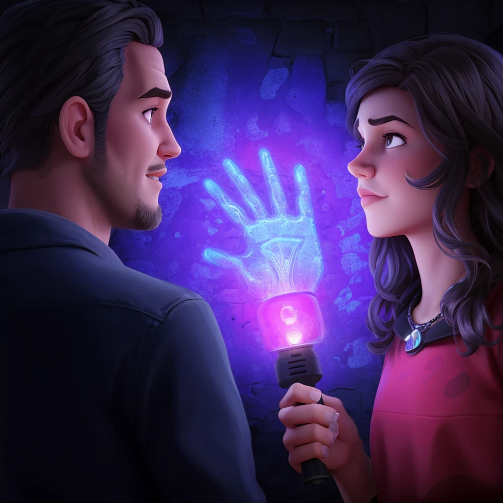 there is a man and woman that are holding a uv flashlight, stylized urban fantasy artwork, game illustration, background artwork, by Wayne England, game art, promotional art, game key art, art for the game, point-and-click adventure game, by Juan O'Gorman, by Jason Felix, by Rob Alexander, art depicting control freak, hand of fear