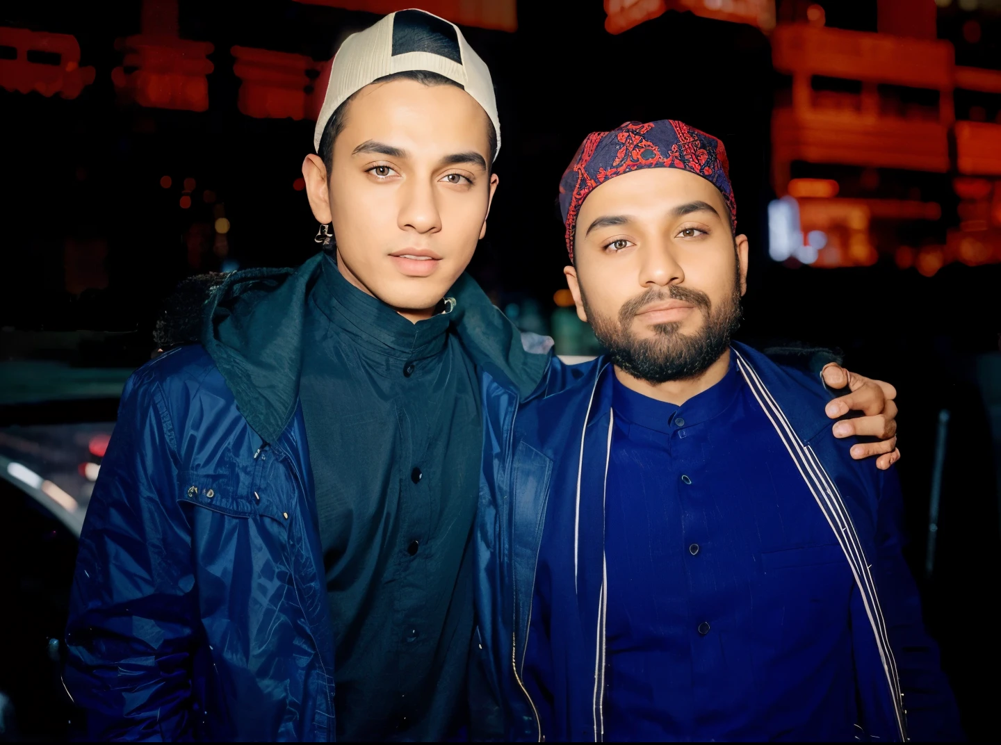 A boy and a man, a boy wear a shalwaar kameez, with cool and stylish jacket, a boy wear a cool cap, a man wear a red cap, cool jacket, Lights in background, buildings in background, realistic look, 8k quality, HD, background normal blur,