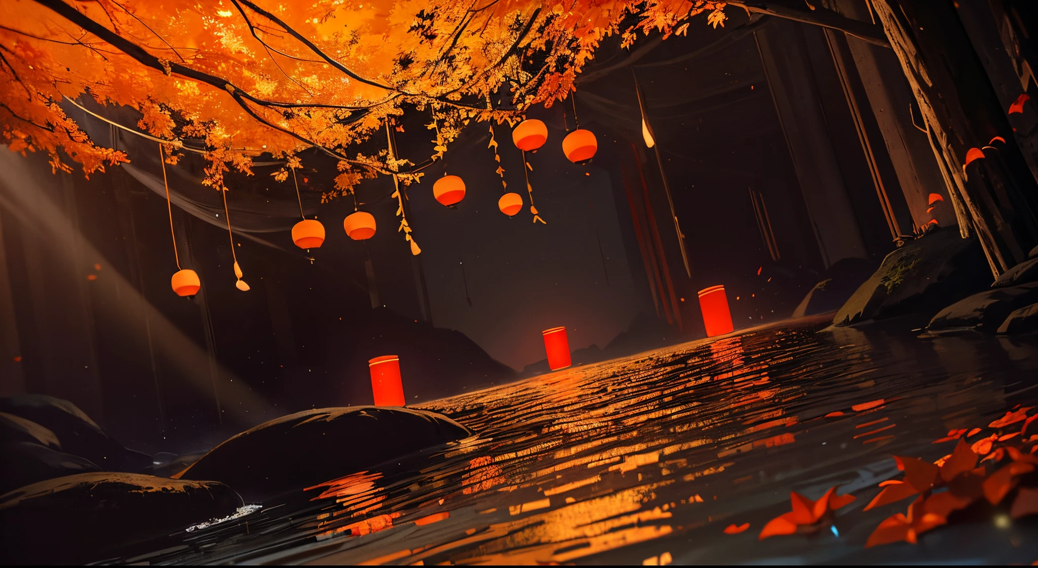 A long pitch black dark cavern with dark ankle high water - only illuminated by red paper lanterns floating in water, autumn trees on either side of the tunnel with orange leaves, ((surrounded by complete darkness)), red paper chinese lanterns floating in the water.