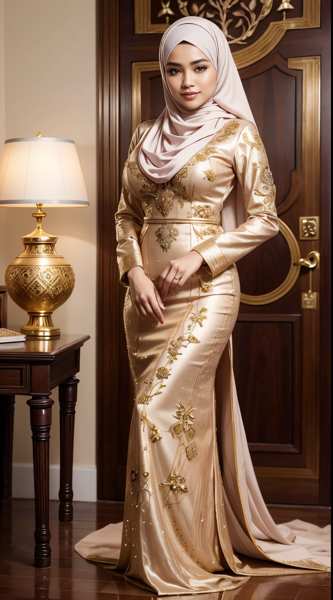 RAW, (Best quality, high resolution, work: 1.3), Beautiful Malay woman in hijab, perfect fit body, (Big breasts) , Beautiful big eyes, Soft smile, beautiful face, slightly open mouth, thick thighs, beautiful buttocks, , beautiful big eyes , gentle smile, beautiful girl, detailed face, Muslim woman, in hijab, wearing tradisional malay clothes, standing in garden flower, perfectly covered dress, beautiful woman, taken in 2 0 2 0, scarf long flowing drapery covering the chest, taken in 2022, wearing beautiful long clothes,, taken in the early 2020s, , Muslim woman beauty, wrapped in gold silk, facial details, double eyelids, smiling ), (sweet smile:1.1), (glossy lips:1.1), (beautiful eyes:1.1),