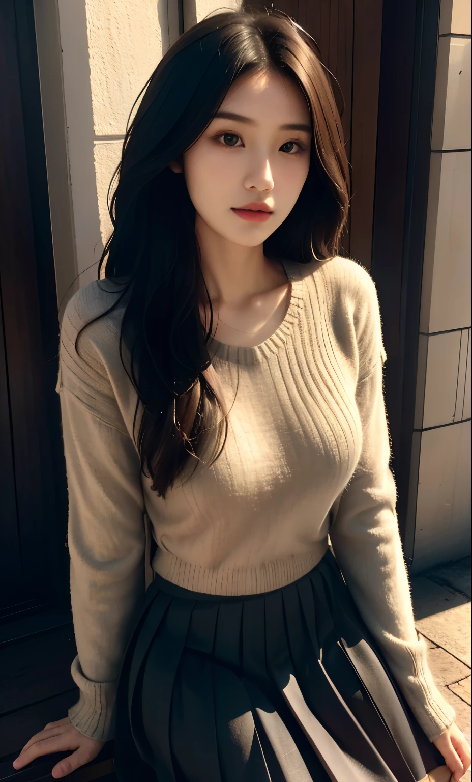 pleated skirt, knitted clothing, beautiful girl model, (Natural skin texture, hyperrealism, Soft light, edgy), 1 Girl, Natural facial expressions, asian girl with long hair, beautifull face