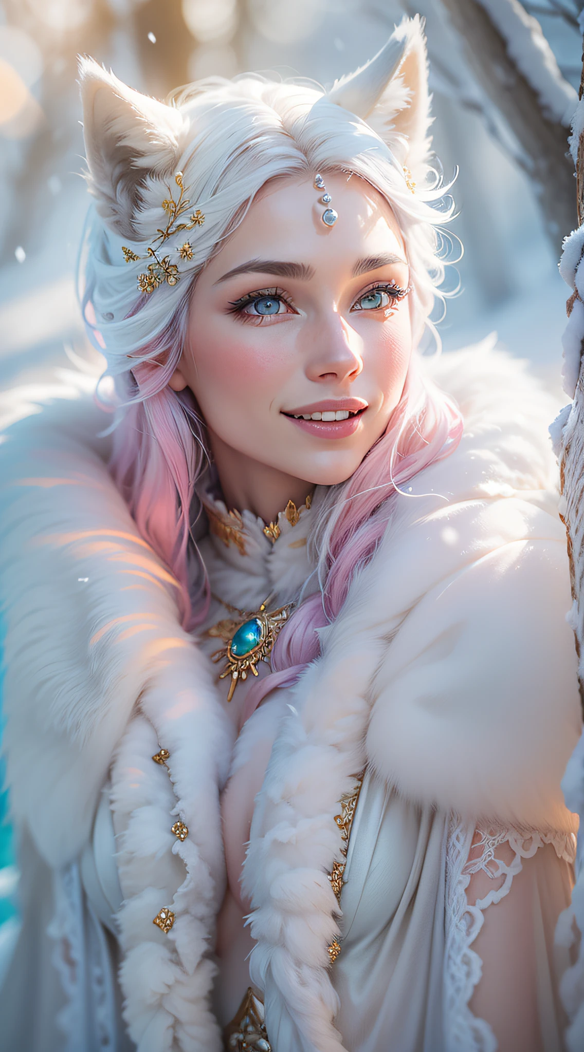 White Wolf Woman, pretty, Smiling, wolf ears, pearl silk, shining blue eyes, around a snow-covered grove in the sun'rays, Ultra-detailed, hyper realisitc, Masterpiece, Doubleexposure, looks strictly into the distance, morning frost, golden pink tones