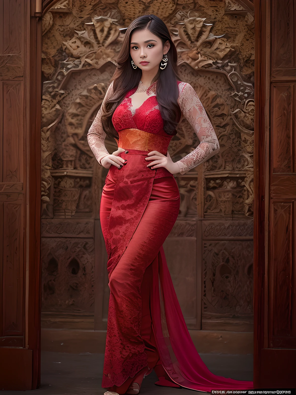 Photorealistic Production, (One Person), (Realistic Image of a 19 Years Old Female Model), big breast, Curvy Body (Pale Skin:1.4), (Wearing a red Ornated lace tight Kebaya Dress with Silk Cloth:1.6), (Serious Face), (Deep Cleavage), (Elegant Pose:1.4), Centered, (Waist-up Shot:1.4), From Front Shot, Insane Details, Intricate Face Detail, Intricate Hand Details, Cinematic Shot and Lighting, Realistic Colors, Sharp Focus, Ultra Detailed, Taken with DSLR camera, Realistic Photography, Incredibly Realistic Environment and Scene, Master Composition and Cinematography, hair behind ear, hair over eyes, long hair, Depth of Field, first-person view, atmospheric perspective, Masterpiece, background balinese ornament