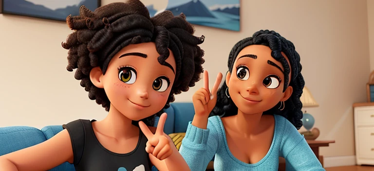 there are two women making a peace sign with their hands, annoying sister vibes, both smiling for the camera, older sister vibes, childhood friend vibes, peaceful mood, with afro, smooth in _ the background, curly afro, perfect faces, beautiful faces, profile image, dark short curly hair smiling, sisters, high quality portrait, photo shoot, medium shot of two characters. The blue couch they are sitting on can be seen in the background. The photo was taken up close. The woman on the left is wearing a black tank top. Dark curly afro hair. She has a caramel skin color. Dark eyes. Dark pupils. The woman on the right has her hair in a twist hairstyle. with shells as her accessories. They both smile. They are sitting on the couch in the living room, the couch is blue. There are two paintings with mountain landscapes in the background. The walls are white.The woman has dark eyes. Color of the eye pupils are black. The two women are making a peace sign with their hands. a piece of the backrest of the dark blue sofa can be seen in the background.the two women are sitting on a dark blue couch. The two women are both looking in the camera .The two women are making a peace sign with their hands. The two women are holding two vingers up. Two women are making a peace sign with their hands. The women om de left is wearing a al black tanktop.