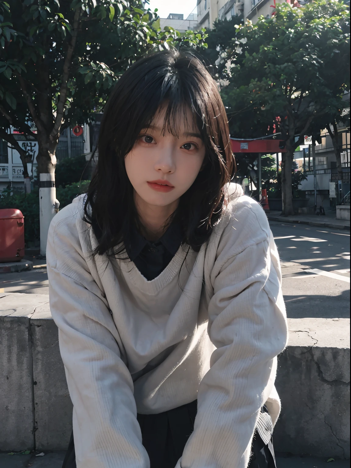 Best quality, 超高分辨率, (realistically:1.4), A woman with long black hair and a gray sweater, mid view, JK school uniform,under a ray of sunshine,She has black hair,through bangs, young lovely Korean faces, Cute Korean face, Urzans, Shin Jinying, beautiful aesthetic face, Korean facial features, Played by Liu Li Zhien ,beautiful realistic face