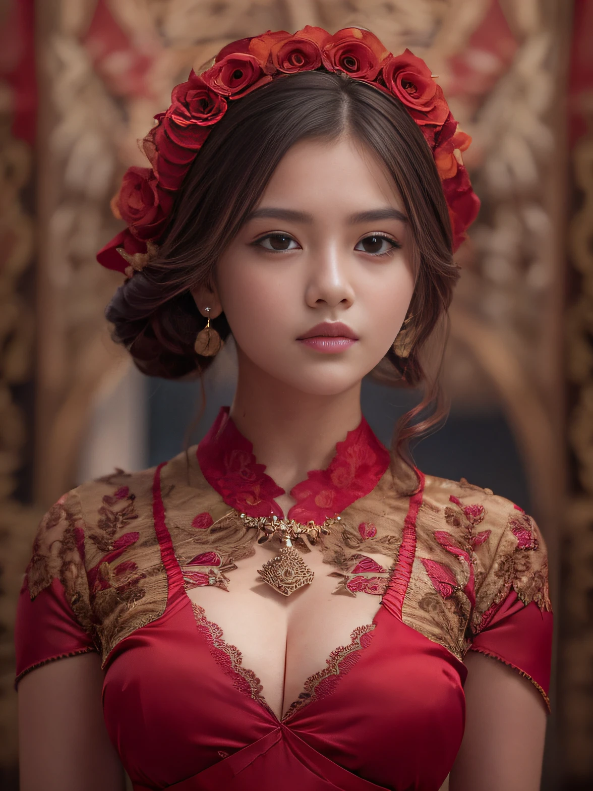 Photorealistic Production, (One Person), (Realistic Image of a 19 Years Old Female Model), big breast, Curvy Body (Pale Skin:1.4), (Wearing a red Ornated lace tight Kebaya Dress with Silk Cloth:1.6), (Serious Face), (Deep Cleavage), (Elegant Pose:1.4), Centered, (Waist-up Shot:1.4), From Front Shot, Insane Details, Intricate Face Detail, Intricate Hand Details, Cinematic Shot and Lighting, Realistic Colors, Sharp Focus, Ultra Detailed, Taken with DSLR camera, Realistic Photography, Incredibly Realistic Environment and Scene, Master Composition and Cinematography, hair behind ear, hair over eyes, long hair, Depth of Field, first-person view, atmospheric perspective, Masterpiece, background balinese ornament