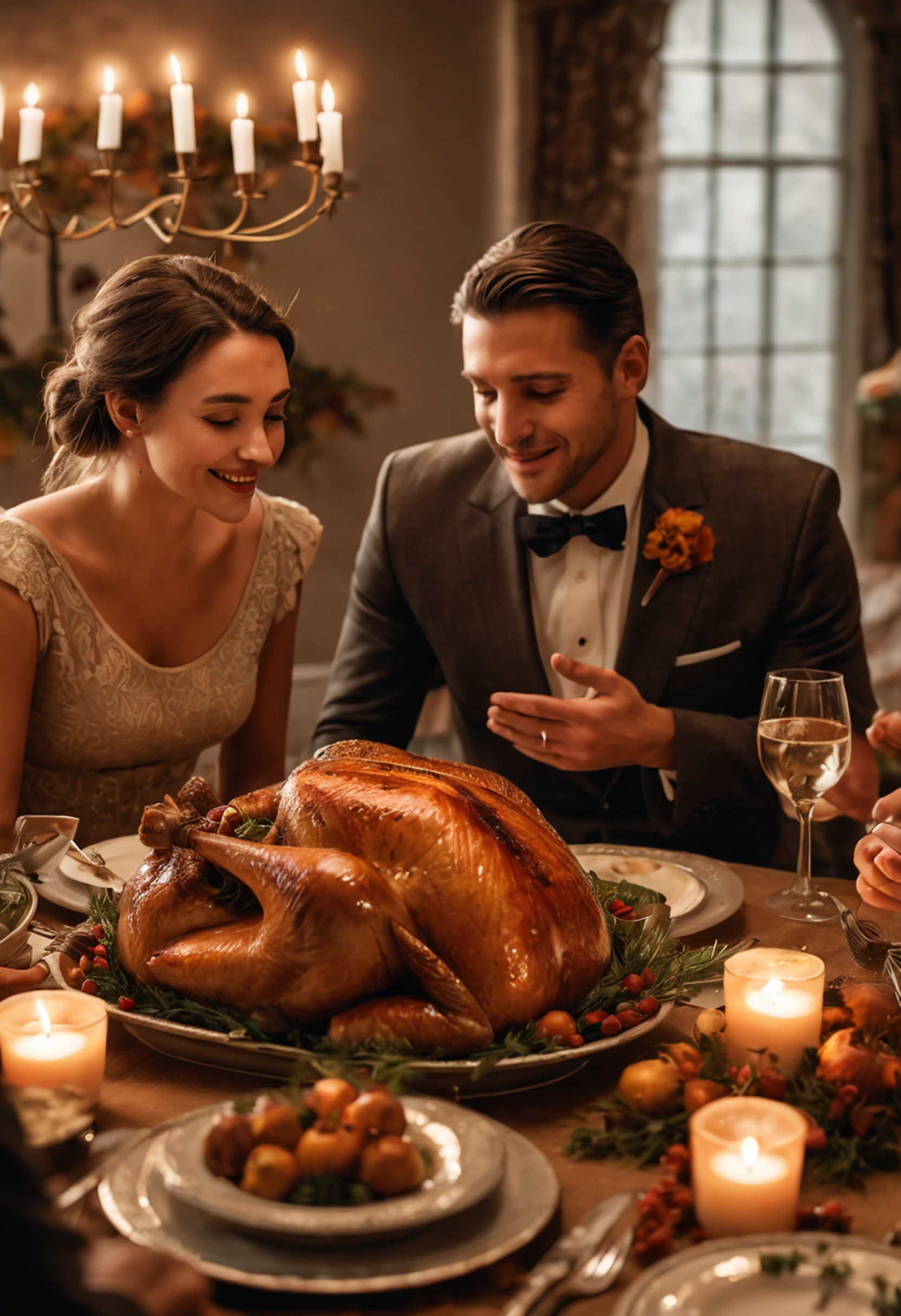 In a warmly lit dining room, a couple sits at a beautifully set table, their faces illuminated by the flickering candlelight. The man and woman are engaged in a tender moment as they share a Thanksgiving feast. The woman, with an expression of delight, takes a succulent bite of perfectly roasted turkey, savoring the flavors. Meanwhile, the man, with a loving gaze, reaches for her hand, his eyes reflecting a deep sense of gratitude and contentment. The dynamic structure is evident as they interact with the prominent element of the scene, the Thanksgiving turkey, and express their emotions through their gestures and poses, creating a heartwarming and lively scene.