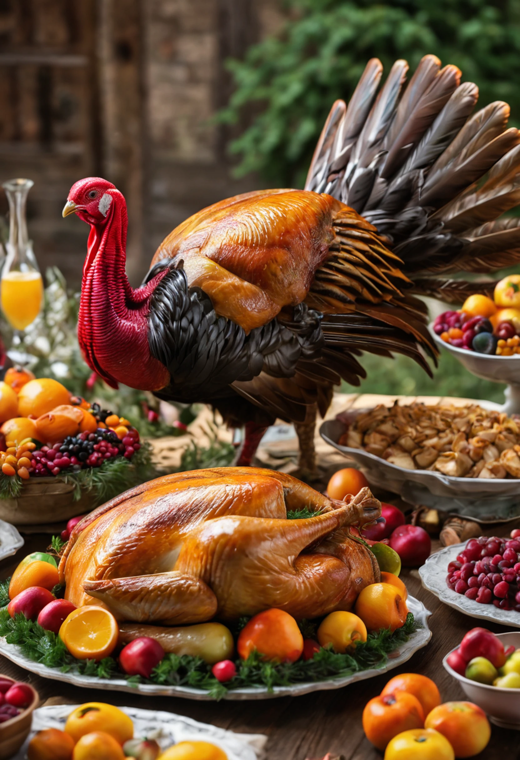 In a lively and bustling farmyard, a vibrant and spirited turkey proudly displays its colorful plumage. The turkey exudes an air of vitality and energy as it struts confidently, its feathers shimmering in the sunlight. Surrounding the majestic bird, a bountiful harvest of fresh, seasonal ingredients awaits, ready to be transformed into a delectable and vibrant turkey dish. The dynamic structure is evident as the lively turkey interacts with the scene, infusing it with a sense of liveliness and natural beauty, setting the stage for a dynamic and visually striking culinary narrative.