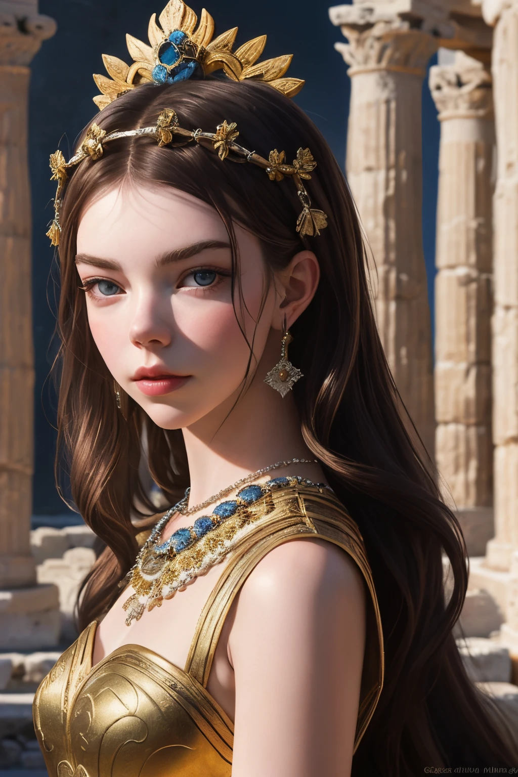 "Generate an AI image portraying Anya Taylor-Joy as a mythical Greek goddess, combining ethereal elements and classical beauty to evoke the essence of divine grace."
