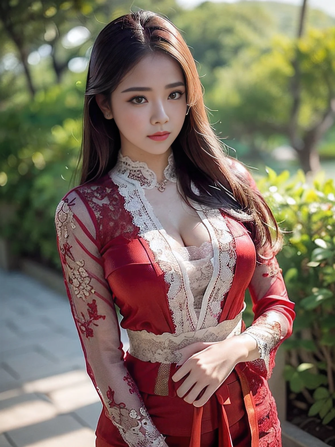 Photorealistic Production, (One Person), (Realistic Image of a 19 Years Old Female Model), big breast, Curvy Body (Pale Skin:1.4), (Wearing a red Ornated lace tight Kebaya Dress with Silk Cloth:1.6), (Serious Face), (Deep Cleavage), (Elegant Pose:1.4), Centered, (Waist-up Shot:1.4), From Front Shot, Insane Details, Intricate Face Detail, Intricate Hand Details, Cinematic Shot and Lighting, Realistic Colors, Sharp Focus, Ultra Detailed, Taken with DSLR camera, Realistic Photography, Incredibly Realistic Environment and Scene, Master Composition and Cinematography, hair behind ear, hair over eyes, long hair, Depth of Field, first-person view, atmospheric perspective, Masterpiece, background balinese ornament