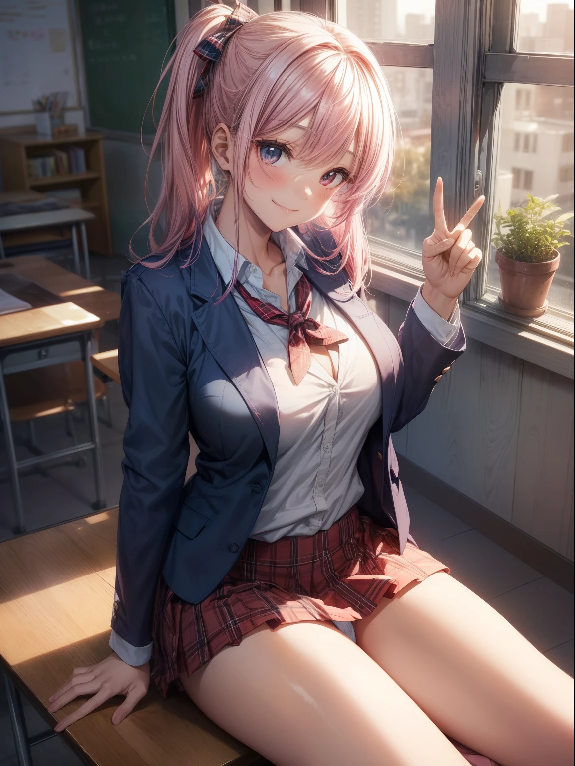 top-quality、Full limbs、complete fingers、one beautiful women、Beautiful Large Breasts、poneyTail、Pink hair、((Dark blue blazer))、White Y-shirt、Red tie、Red plaid miniskirt、A big smile、schools、‎Classroom、Sunset through the window、Naughty Poses、Sit with your crotch open、White panties