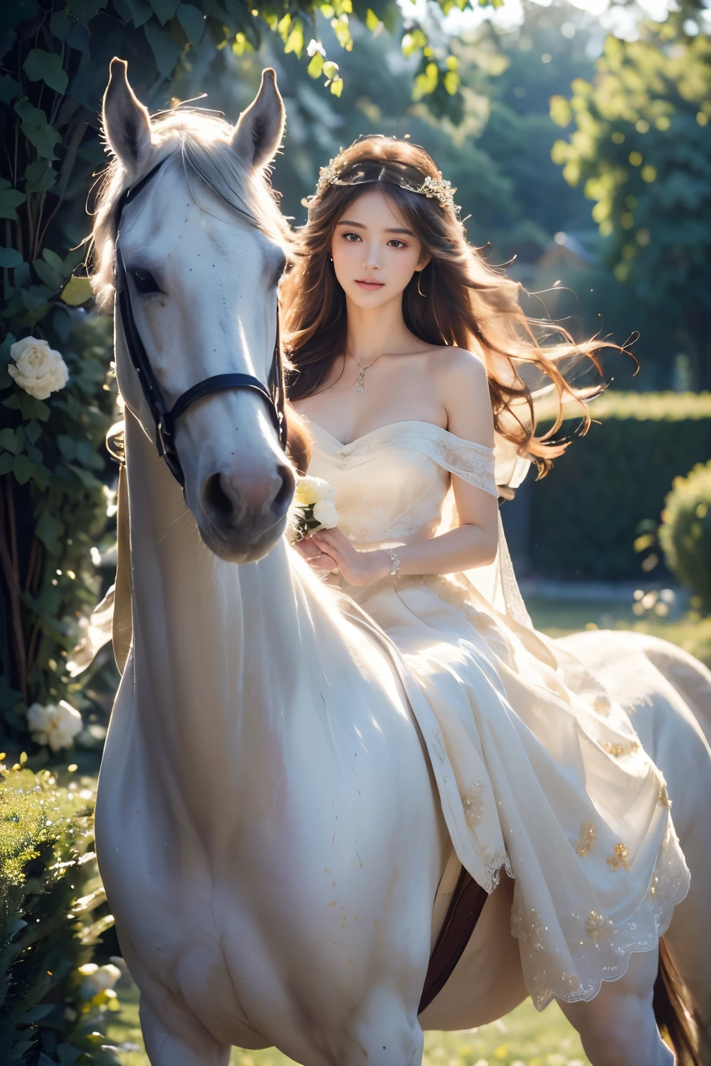 A girl wearing a white bridal gown, holding a golden horse, (beautiful detailed eyes, beautiful detailed lips, extremely detailed face), (sparkling and flowing veil), (long flowing hair), (peaceful and joyful expression), (soft sunlight shining on her), (lush green garden background), (vibrant flowers blooming all around), (glimmering gold accents on the horse's harness), (majestic and graceful horse), (trotting with elegance), (golden sunlight casting a warm glow on the scene), (realistic, photorealistic:1.37), (high resolution, 4k, sharp focus), (soft and dreamy color palette), (impeccable attention to detail), (romantic and ethereal atmosphere), (captivating and enchanting composition), (masterpiece:1.2), (bokeh effect), (sparkling highlights on the dress and horse), (ultra-detailed bride's bouquet), (subtle shadows and highlights creating depth), (gorgeous silhouette against the sky), (subtle wind gently moving the veil and her hair), (timeless and elegant scene), (delicate lace details on the gown), (light and airy feel), (portrait), (fine art), (fairy tale vibe).