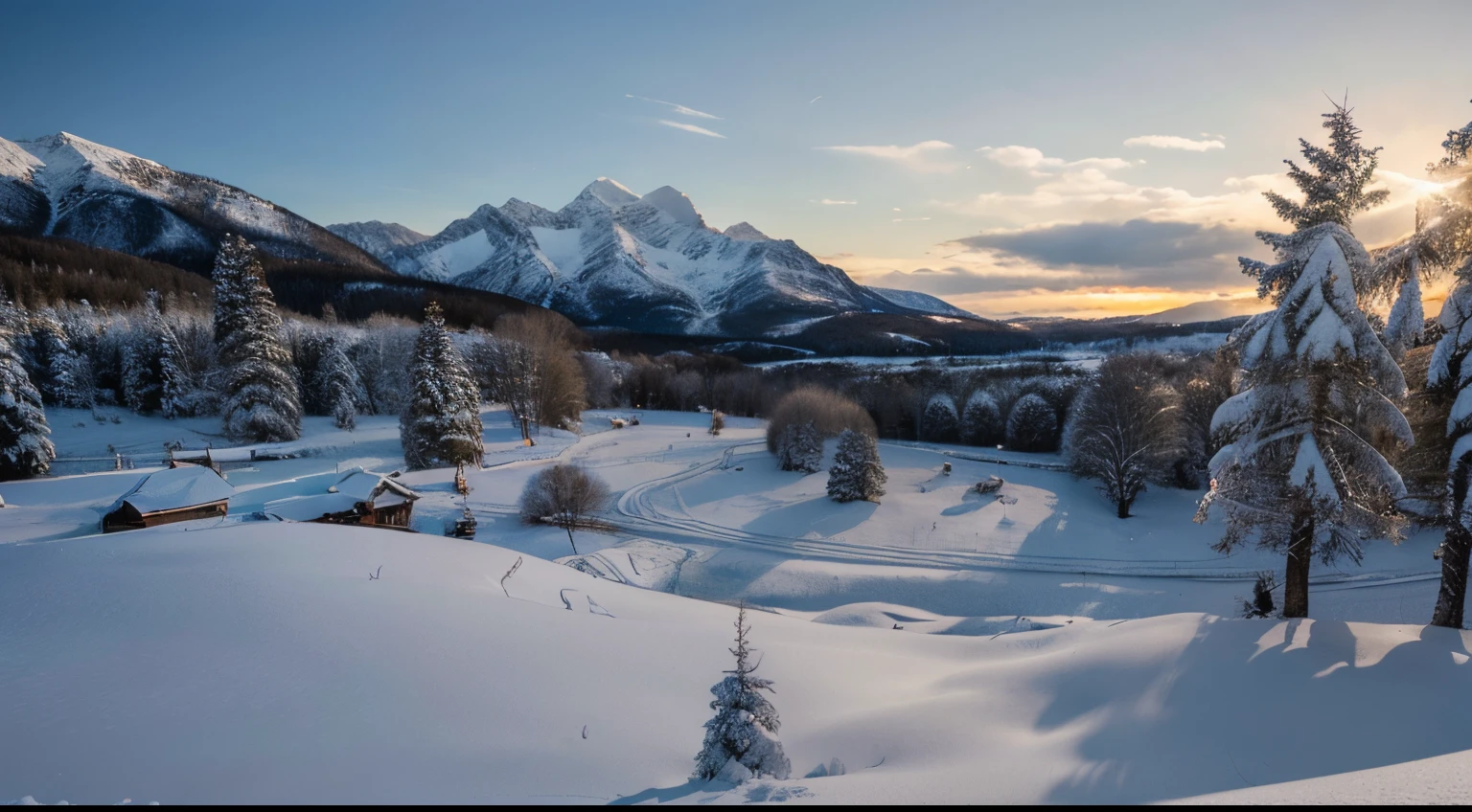 Huge snow-capped mountains, a serene winter landscape bathed in the soft hues of twilight. The picturesque scenery is depicted with the utmost attention to detail, capturing the breathtaking beauty of nature in all its glory. The majestic mountains rise tall and proud against the clear, crisp sky. The snow-covered peaks glisten under the ethereal glow of the setting sun, casting long shadows on the untouched white blanket below. The landscape is dotted with tall, slender trees, their branches gracefully bending under the weight of the snow. Delicate snowflakes fall gently from the sky, filling the scene with a sense of tranquility and serenity. The air is crisp and cold, with a slight chill that can be felt by the viewer. The colors of the scene are rich and vibrant, with the blue hues of twilight contrasting beautifully with the pristine white of the snow. The lighting is soft and diffused, creating a sense of warmth and coziness despite the wintry setting. This scene is a true masterpiece, offering viewers an escape into a world of beauty and tranquility. The level of detail is exceptionally high, capturing every intricate texture and pattern in the snow, mountains, and trees. The overall quality of the image is best, with a resolution of 4K or 8K, allowing viewers to appreciate every minute detail and immerse themselves in the stunning winter landscape.
