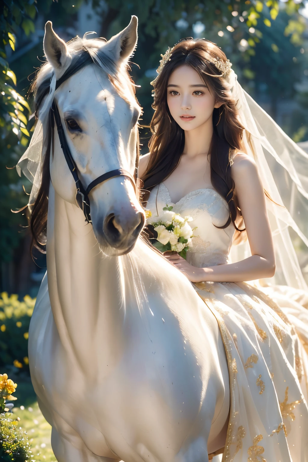 A girl wearing a white bridal gown, holding a golden horse, (beautiful detailed eyes, beautiful detailed lips, extremely detailed face), (sparkling and flowing veil), (long flowing hair), (peaceful and joyful expression), (soft sunlight shining on her), (lush green garden background), (vibrant flowers blooming all around), (glimmering gold accents on the horse's harness), (majestic and graceful horse), (trotting with elegance), (golden sunlight casting a warm glow on the scene), (realistic, photorealistic:1.37), (high resolution, 4k, sharp focus), (soft and dreamy color palette), (impeccable attention to detail), (romantic and ethereal atmosphere), (captivating and enchanting composition), (masterpiece:1.2), (bokeh effect), (sparkling highlights on the dress and horse), (ultra-detailed bride's bouquet), (subtle shadows and highlights creating depth), (gorgeous silhouette against the sky), (subtle wind gently moving the veil and her hair), (timeless and elegant scene), (delicate lace details on the gown), (light and airy feel), (portrait), (fine art), (fairy tale vibe).