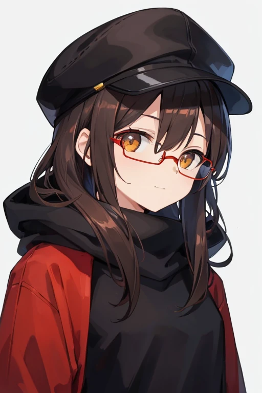 girl with,Black bra,Brown hair,Amber eyes,length hair,top-quality,Red Frame Glasses,Pupils,Winters,Black sweater,hoods,A slight smil,Hunting Cap,traveller