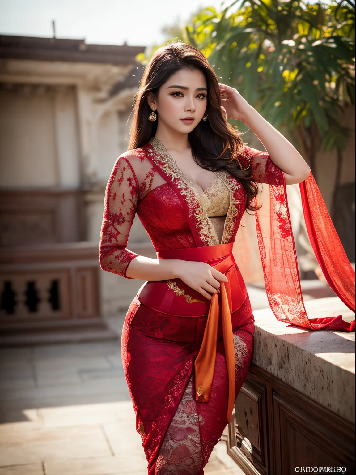 Photorealistic Production, (One Person), (Realistic Image of a 19 Years Old Female Model), big breast, Curvy Body (Pale Skin:1.4), (Wearing a red Ornated lace tight Kebaya Dress with Silk Cloth:1.6), (Serious Face), (Deep Cleavage), (Elegant Pose:1.4), Centered, (Waist-up Shot:1.4), From Front Shot, Insane Details, Intricate Face Detail, Intricate Hand Details, Cinematic Shot and Lighting, Realistic Colors, Sharp Focus, Ultra Detailed, Taken with DSLR camera, Realistic Photography, Incredibly Realistic Environment and Scene, Master Composition and Cinematography, hair behind ear, hair over eyes, long hair, Depth of Field, first-person view, atmospheric perspective, Masterpiece, background balinese ornament