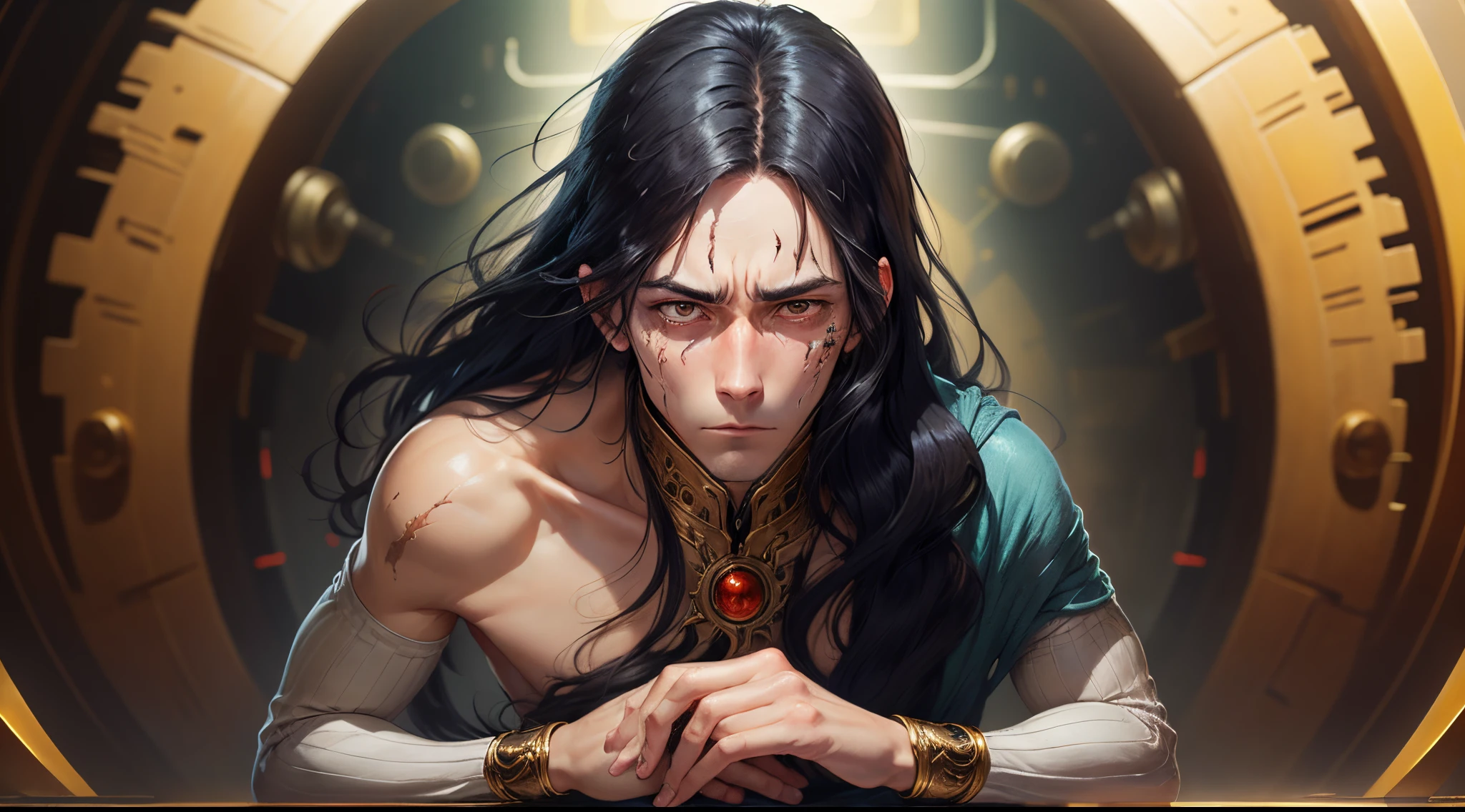 Anime man on knees gazing up at camera with an annoyed expression. Long black hair, pale skin, and scar over one eye.