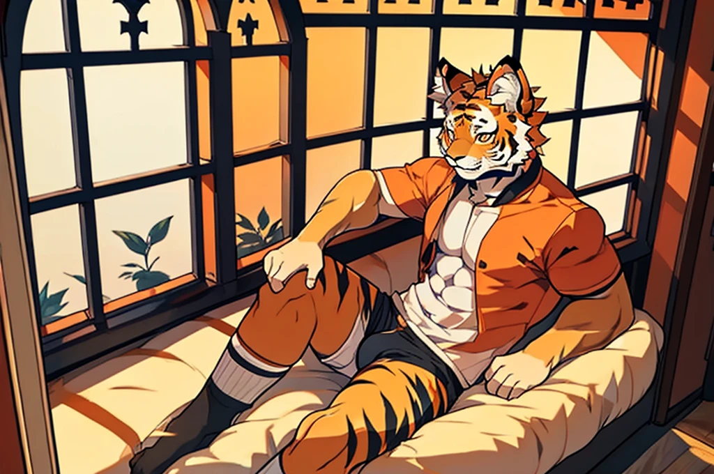 Single，Muscular，orange body，orange belly，Sitting sideways on the bay window，looking in the window，Black panties，Tiger Ears，Tigertail，Side face，crotch bulge, wear socks