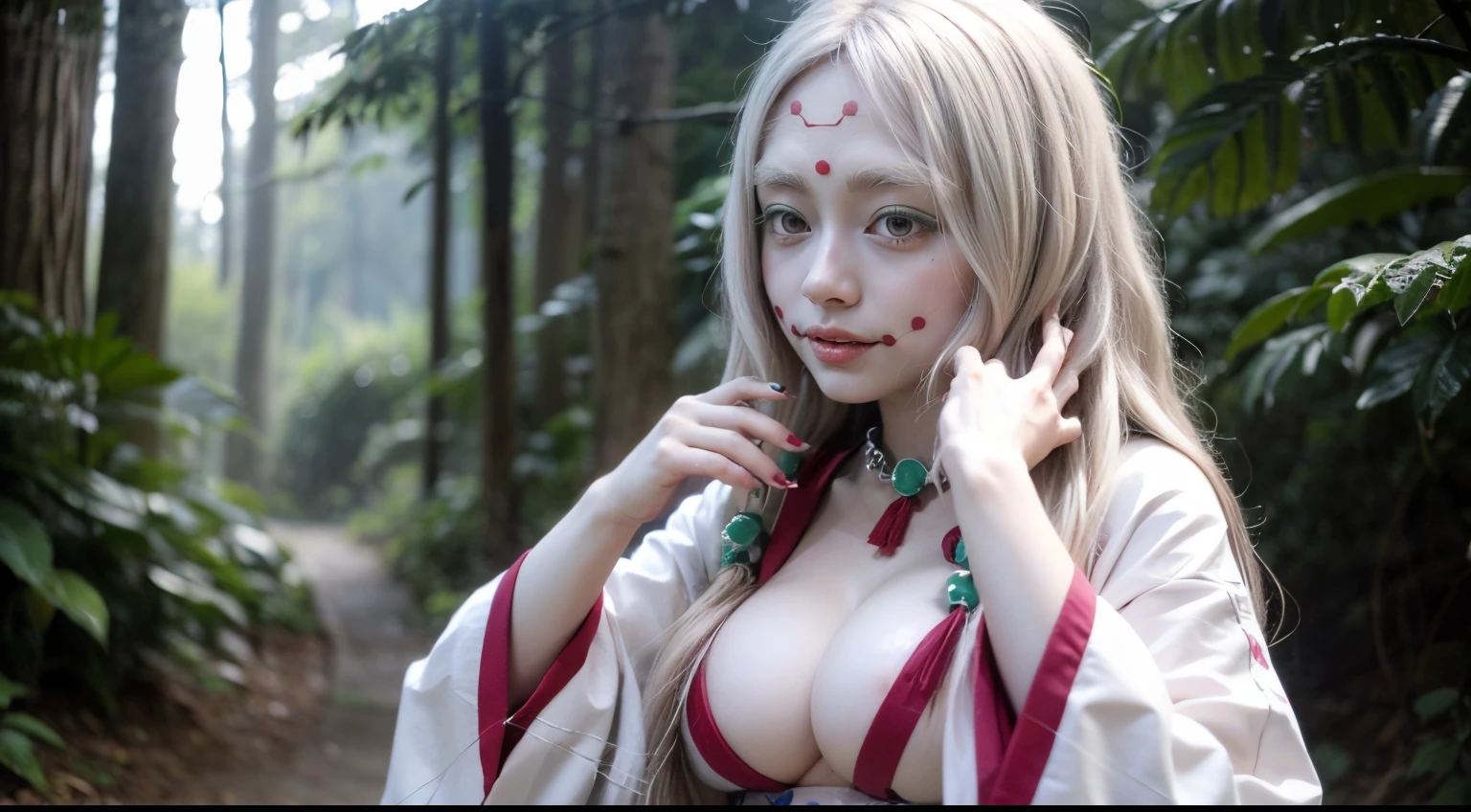 masterpiece, best quality, MTSpiderV4, 1girl, solo, white skin, long hair, breasts, beads, japanese clothes, ((white kimono)), forest, spider web, upper body, detailed face, detailed eyes, large breast, cleavage