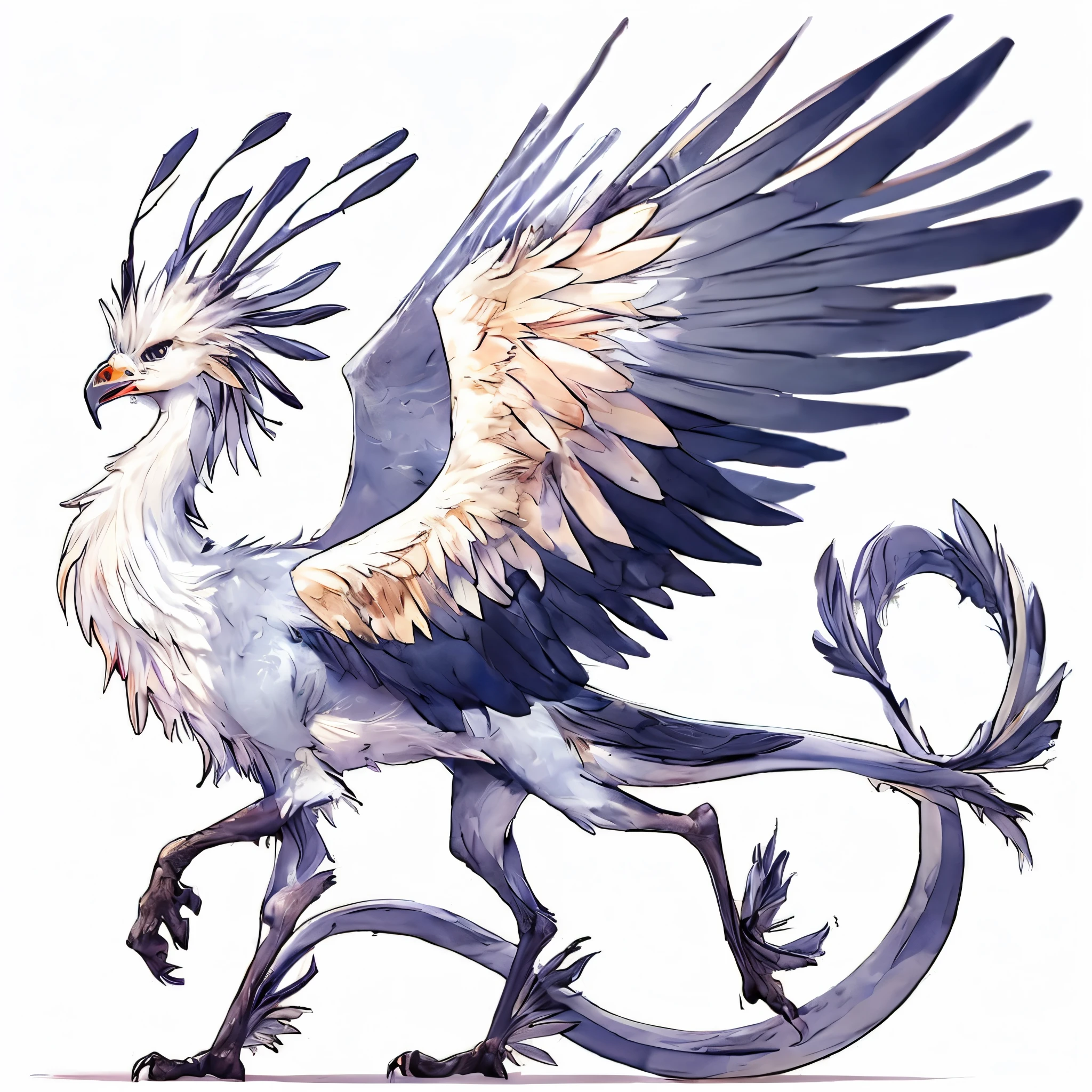 Secretarybird motif Dragon. Full body image. anime style. female. quadrupedal walking. Kentauros style.