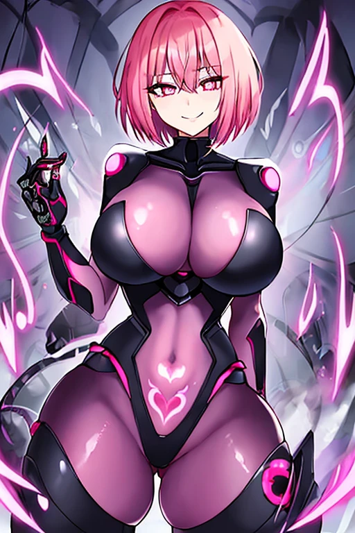1girl, 2d, anime style, anime screencap, large breasts, thick thighs, wide hips, pink hair, very short hair, dark persona, corruption, hypnosis, mind control, bodysuit, pubic tattoo, futuristic, tech, science-fiction, machinery, heart-shaped pupils, smile, smug, smirk, spread legs